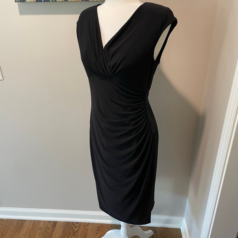 Lauren Ralph Lauren Faux Wrap Sheath Dress Black Ruched Sz 8 Cap Sleeves Career - Picture 7 of 12